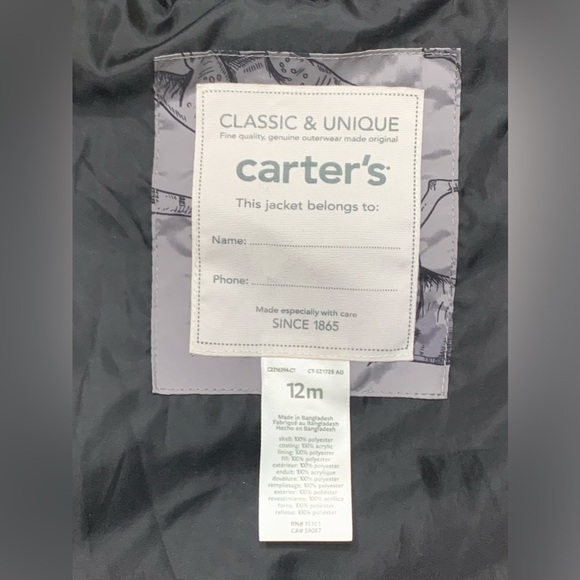 CARTERS HOODED DINOSAUR PUFFER COAT - SZ 12 MONTHS - Picture 7 of 7